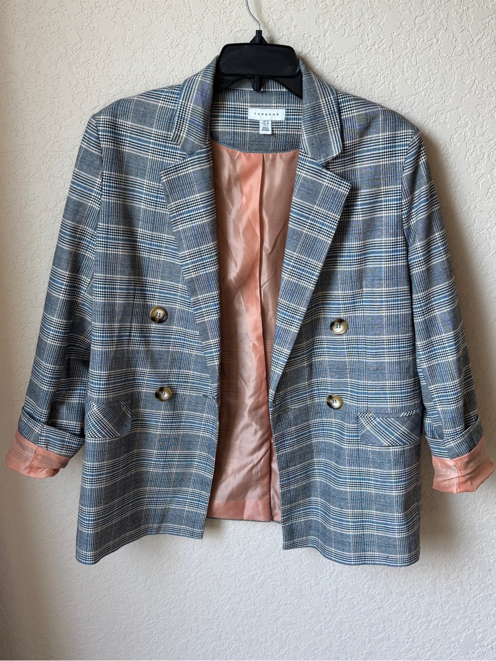 Topshop Checked Double-Breasted Blazer Jacket - Gray Plaid - Picture 4 of 5
